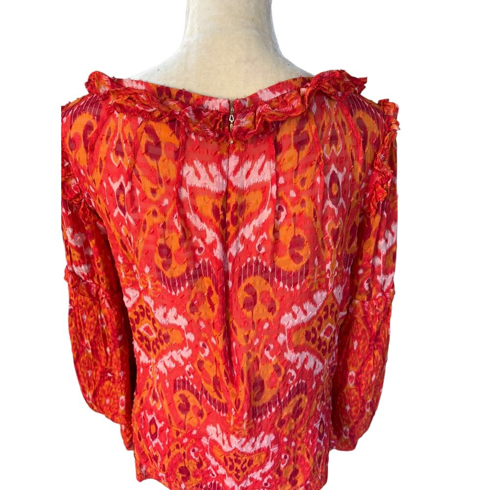 Tory Burch Orange Ikat Ruffle Blouse Top Size 12 Bergdorf Goodman Silk - Picture 8 of 15